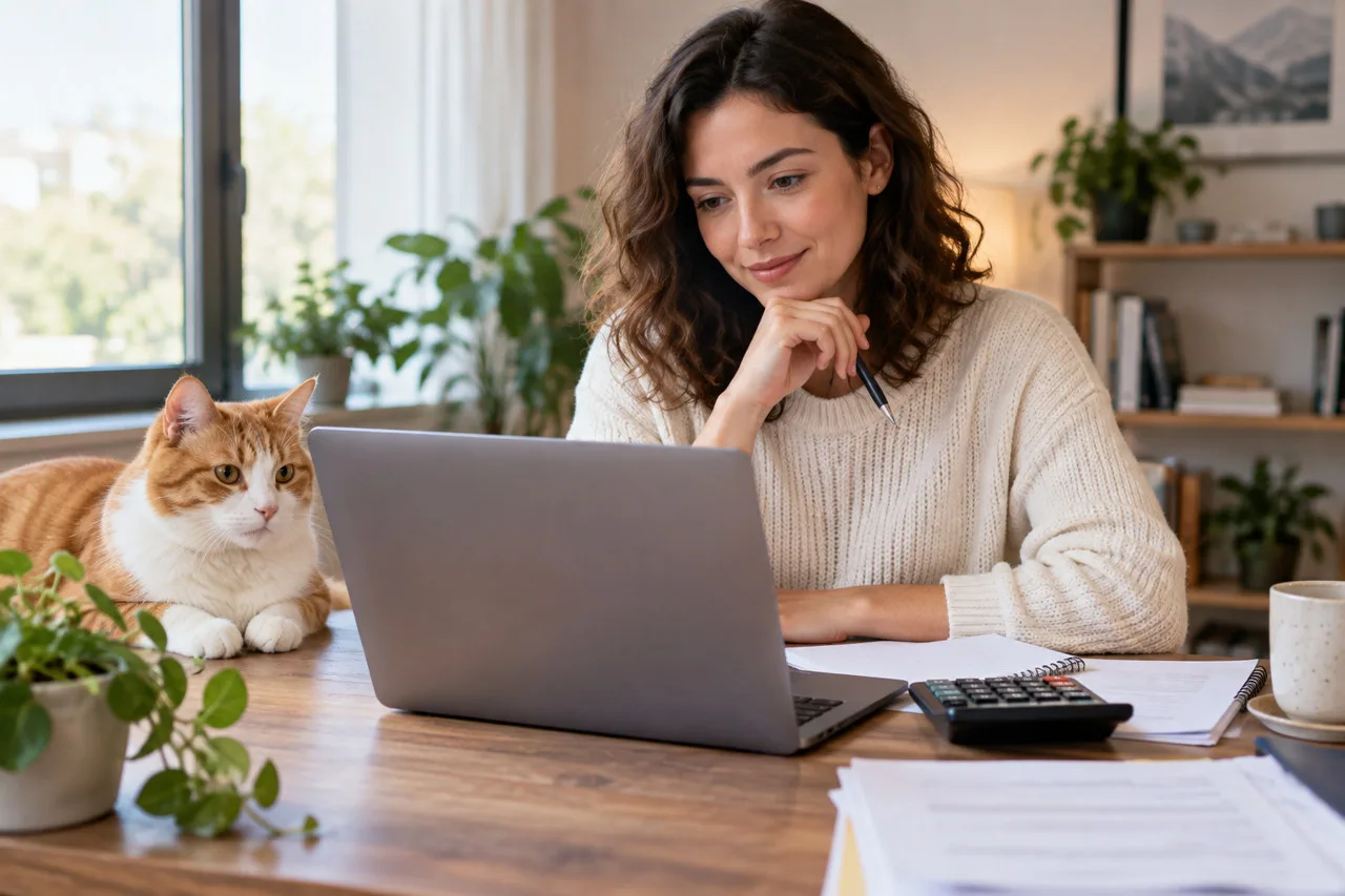Owner reviewing a laptop and papers beside a cat